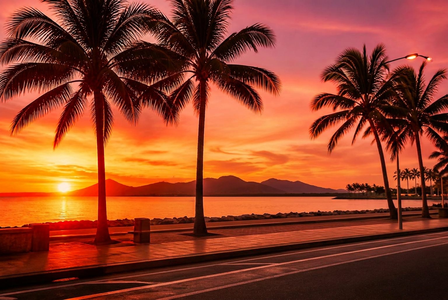 Palm trees along a Townsville waterfront esplanade at tropical sunset
