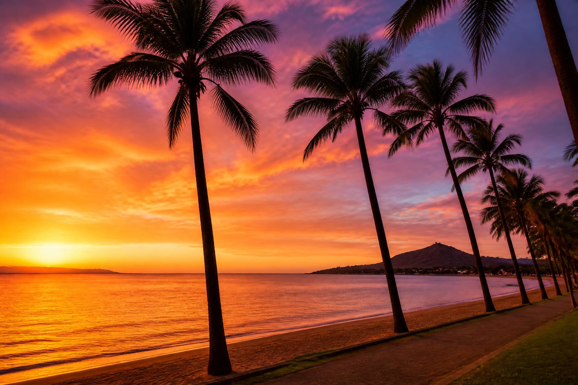 Palm-lined Townsville beachfront at tropical sunset